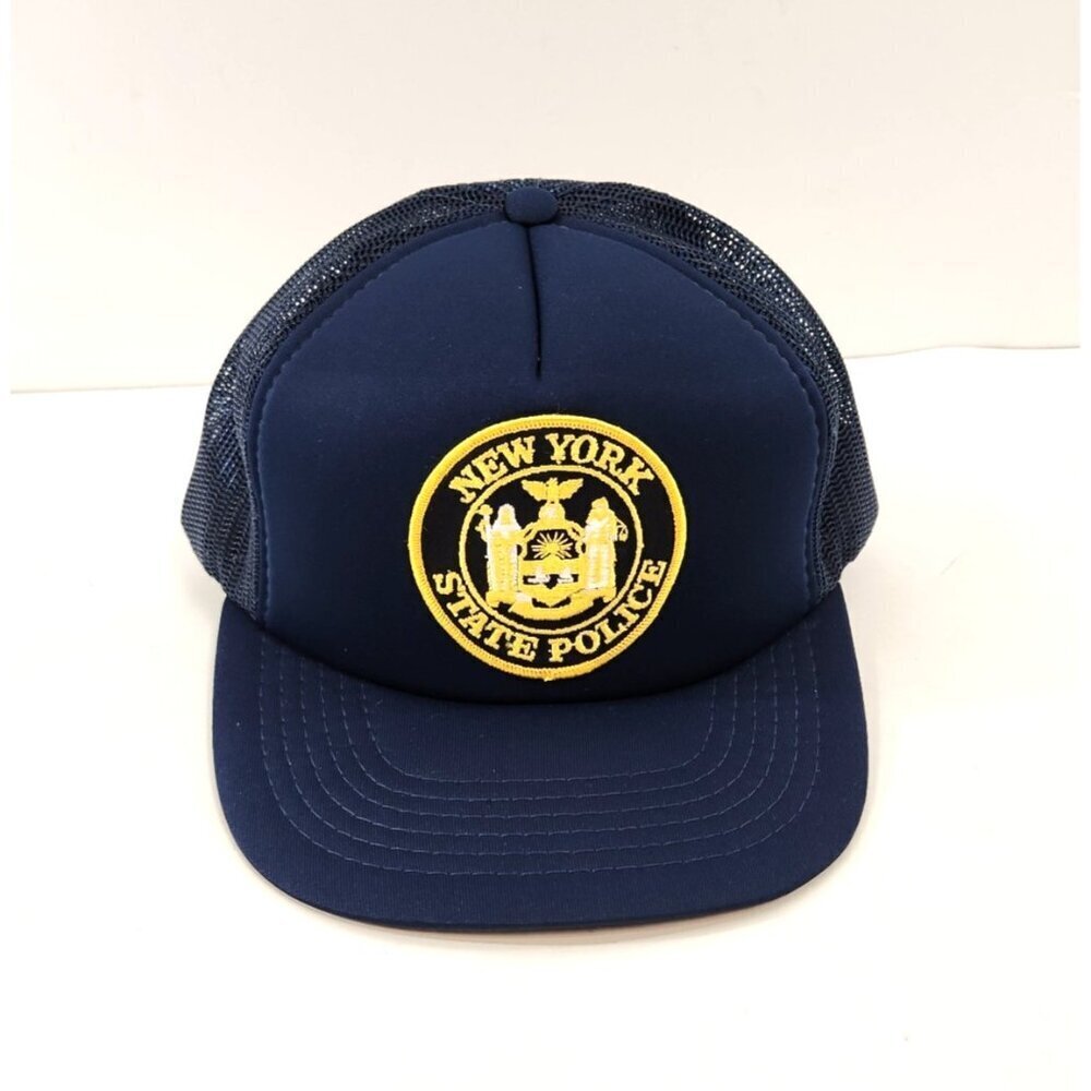 New York State Police Patch Trucker Hat Mesh Vtg 80s Blue Snapback Cap